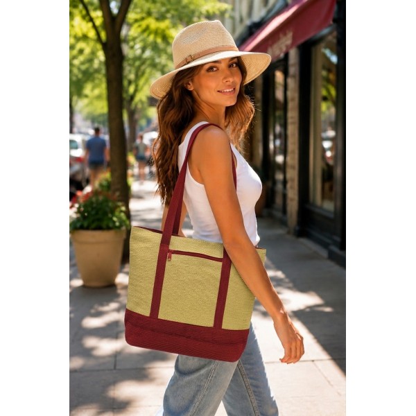 Straw Shopping Tote Bags - Paper Straw w/ Color Band Trim - Red - BG-ST400RD